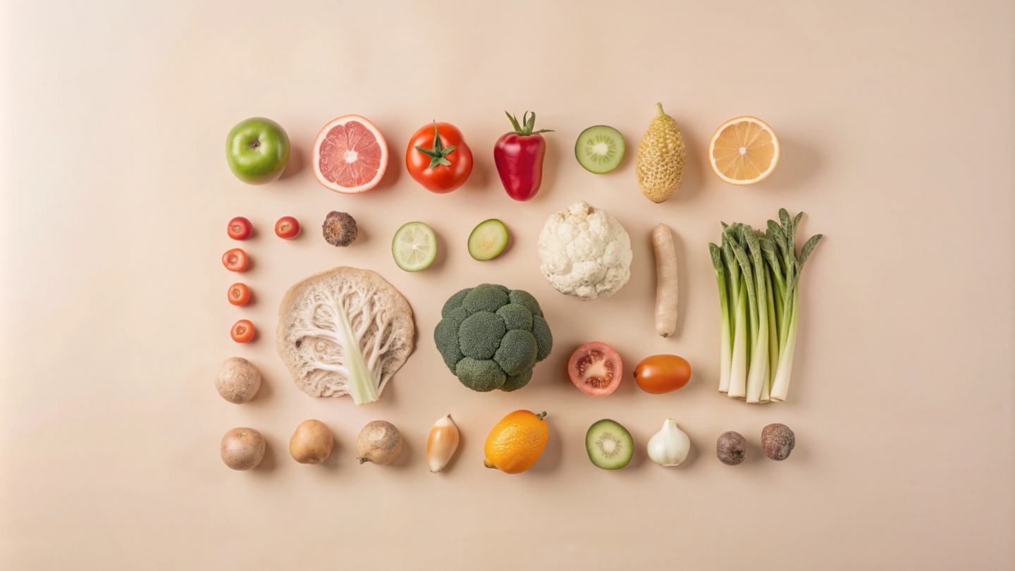 多種顏色蔬果整齊排列在桌面上，象徵地中海飲食中多元植化素來源